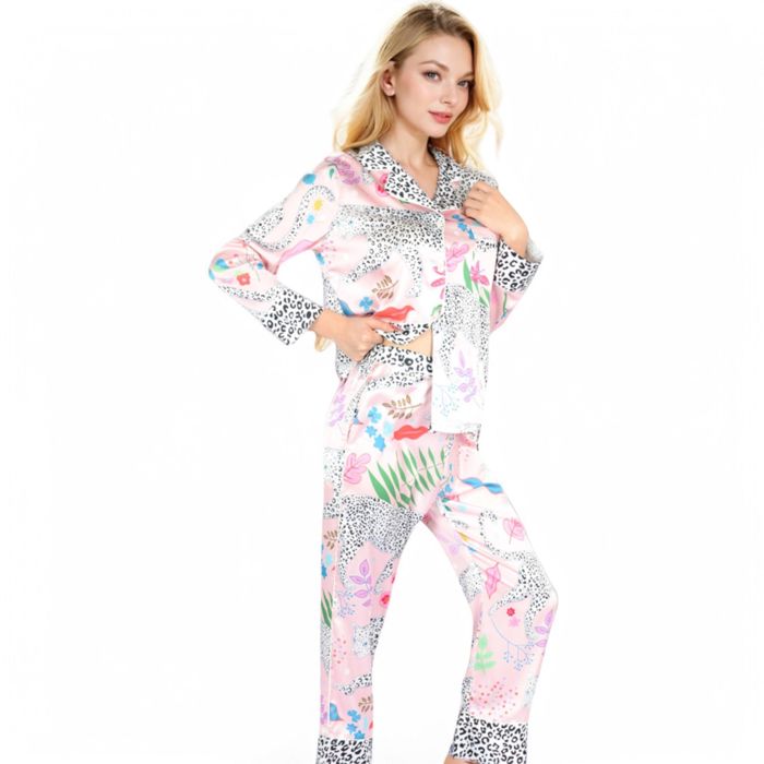 Women's Satin Pink Leopard Print Pajama Set with Button-Up Long Sleeve Top and Relaxed Fit Pants