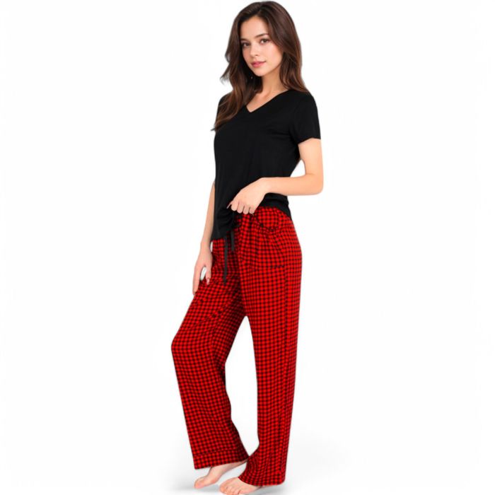 Women's Classic Plaid Pajama Set with Soft Short Sleeve Top and Relaxed Fit Elastic Waist Pants