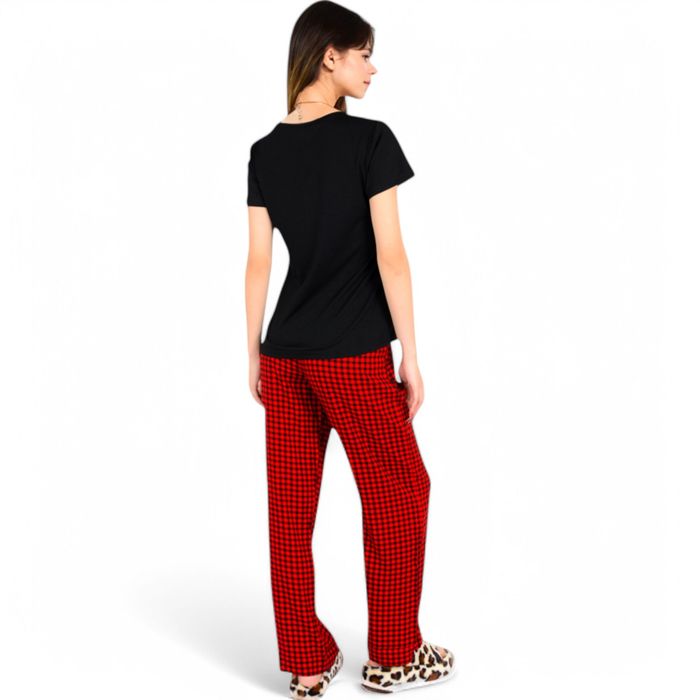 Women's Classic Plaid Pajama Set with Soft Short Sleeve Top and Relaxed Fit Elastic Waist Pants