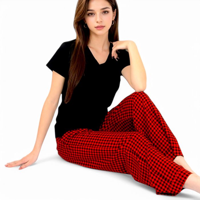 Women's Classic Plaid Pajama Set with Soft Short Sleeve Top and Relaxed Fit Elastic Waist Pants