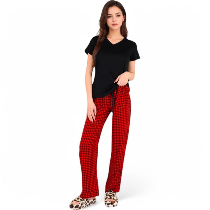 Women's Classic Plaid Pajama Set with Soft Short Sleeve Top and Relaxed Fit Elastic Waist Pants