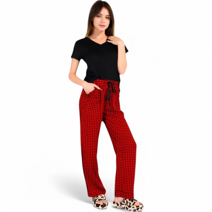 Women's Classic Plaid Pajama Set with Soft Short Sleeve Top and Relaxed Fit Elastic Waist Pants