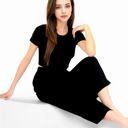  Women's Minimalist Black Pajama Set with Soft Short Sleeve Crop Top and High Waist Wide-Leg Pants