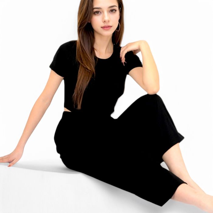 Women's Minimalist Black Pajama Set with Soft Short Sleeve Crop Top and High Waist Wide-Leg Pants