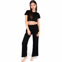 Black Large Women's Minimalist Black Pajama Set with Soft Short Sleeve Crop Top and High Waist Wide-Leg Pants