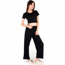 Black Large Women's Minimalist Black Pajama Set with Soft Short Sleeve Crop Top and High Waist Wide-Leg Pants