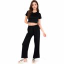 Black Large Women's Minimalist Black Pajama Set with Soft Short Sleeve Crop Top and High Waist Wide-Leg Pants