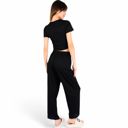 Black Large Women's Minimalist Black Pajama Set with Soft Short Sleeve Crop Top and High Waist Wide-Leg Pants