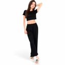 Black Large Women's Minimalist Black Pajama Set with Soft Short Sleeve Crop Top and High Waist Wide-Leg Pants