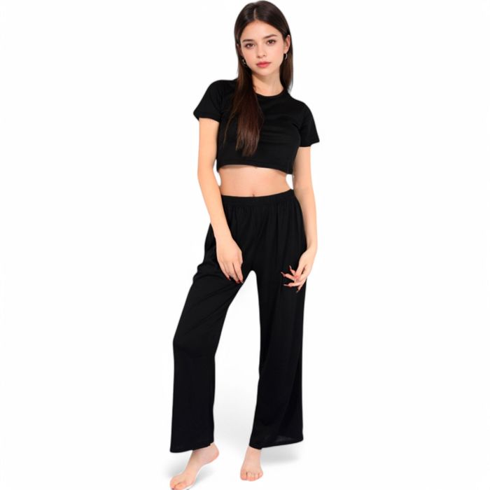 Women's Minimalist Black Pajama Set with Soft Short Sleeve Crop Top and High Waist Wide-Leg Pants