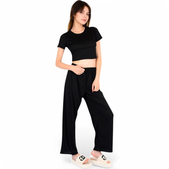 Women's Minimalist Black Pajama Set with Soft Short Sleeve Crop Top and High Waist Wide-Leg Pants