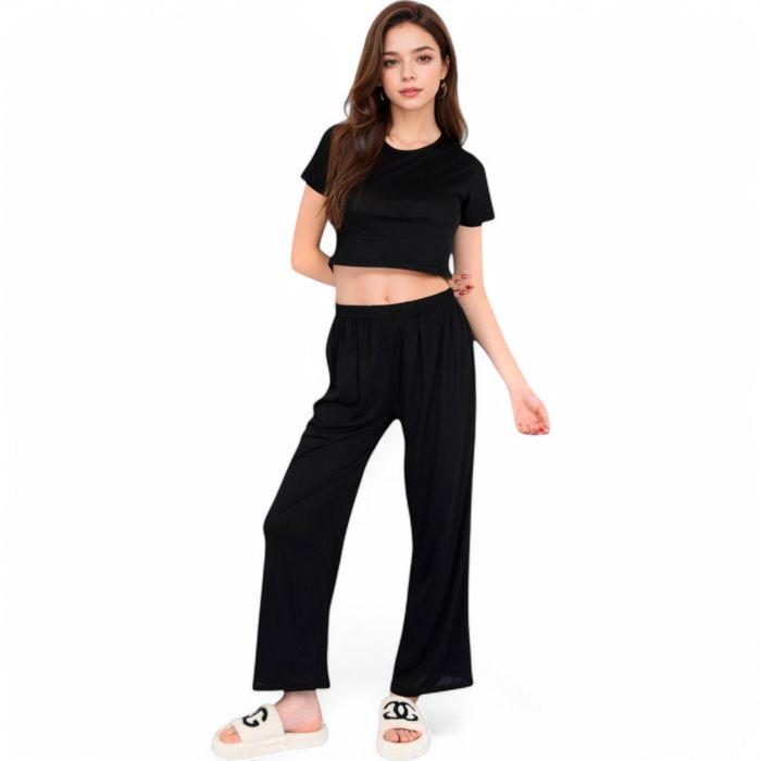 Women's Minimalist Black Pajama Set with Soft Short Sleeve Crop Top and High Waist Wide-Leg Pants