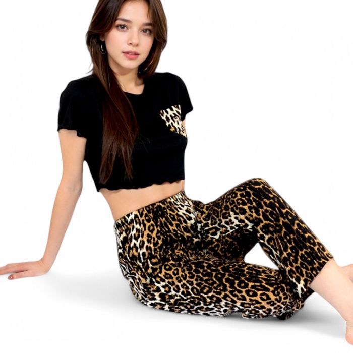 Women's Leopard Print Pajama Set with Ruffled Crop Top and High Waist Wide-Leg Pants