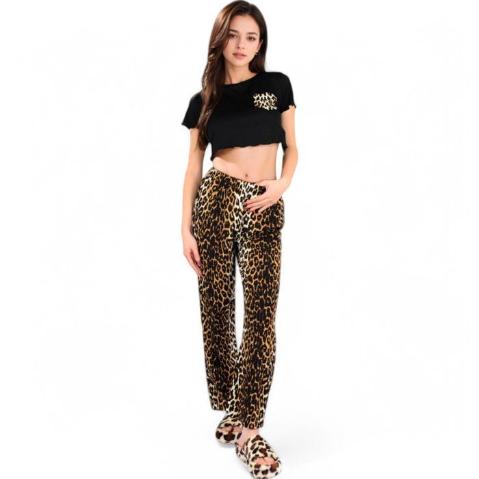 Women's Leopard Print Pajama Set with Ruffled Crop Top and High Waist Wide-Leg Pants