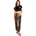 Black Large Women's Leopard Print Pajama Set with Ruffled Crop Top and High Waist Wide-Leg Pants