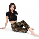 Black Large Women's Leopard Print Pajama Set with Ruffled Crop Top and High Waist Wide-Leg Pants