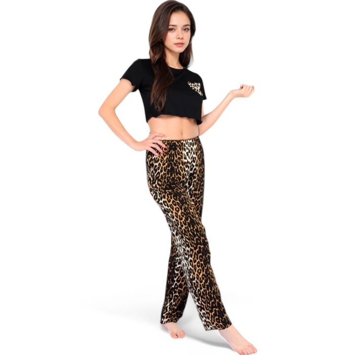 Women's Leopard Print Pajama Set with Ruffled Crop Top and High Waist Wide-Leg Pants