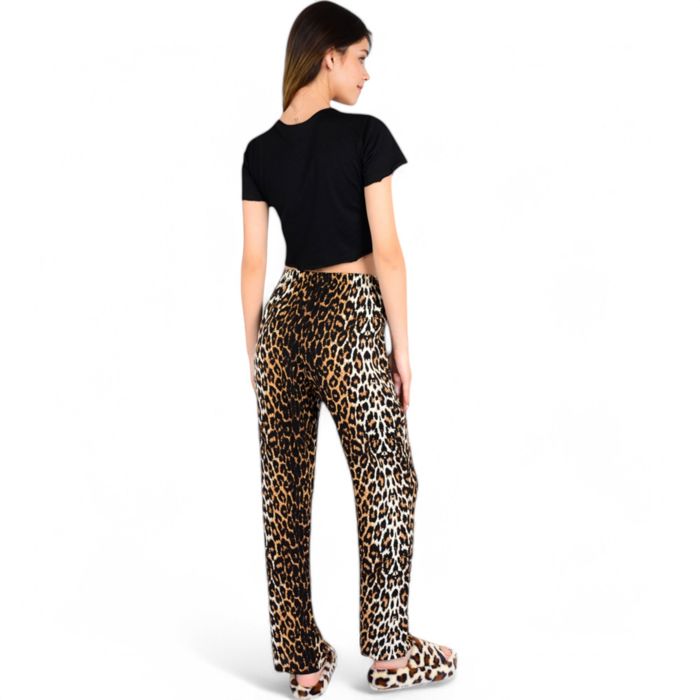 Women's Leopard Print Pajama Set with Ruffled Crop Top and High Waist Wide-Leg Pants