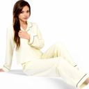  Women's Textured Pajama Set with Long Sleeve Button-Up Top and Contrast Piping Details