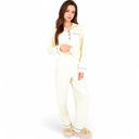 Beige Large Women's Textured Pajama Set with Long Sleeve Button-Up Top and Contrast Piping Details