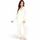 Beige Large Women's Textured Pajama Set with Long Sleeve Button-Up Top and Contrast Piping Details