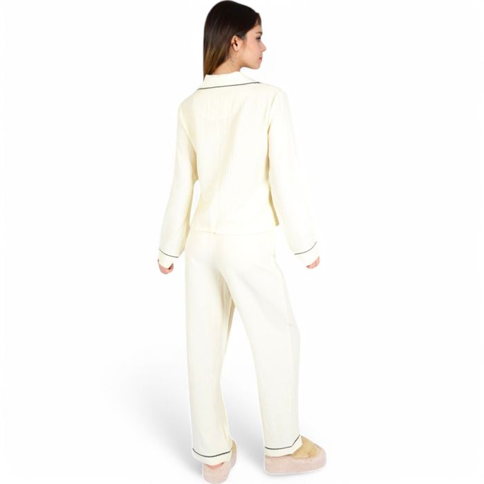 Women's Textured Pajama Set with Long Sleeve Button-Up Top and Contrast Piping Details