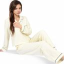 Beige Large Women's Textured Pajama Set with Long Sleeve Button-Up Top and Contrast Piping Details