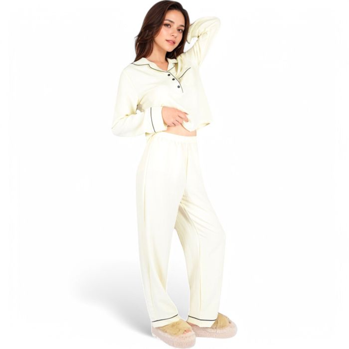 Women's Textured Pajama Set with Long Sleeve Button-Up Top and Contrast Piping Details