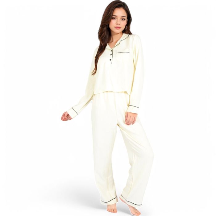 Women's Textured Pajama Set with Long Sleeve Button-Up Top and Contrast Piping Details