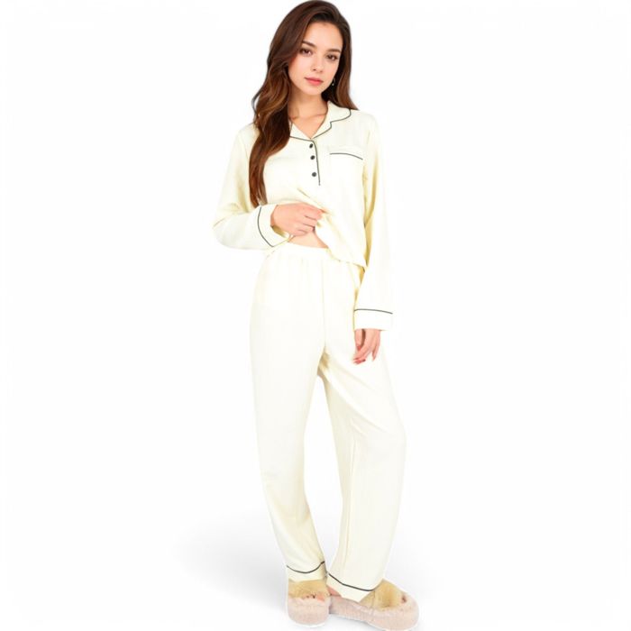 Women's Textured Pajama Set with Long Sleeve Button-Up Top and Contrast Piping Details