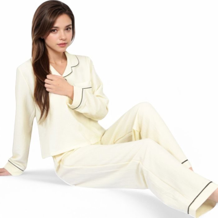 Women's Textured Pajama Set with Long Sleeve Button-Up Top and Contrast Piping Details