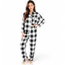 Black Large Women's Classic Black and White Plaid Pajama Set with Button-Up Long Sleeve Top and Relaxed Fit Pants