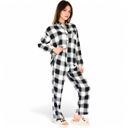 Black Large Women's Classic Black and White Plaid Pajama Set with Button-Up Long Sleeve Top and Relaxed Fit Pants