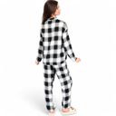 Black Large Women's Classic Black and White Plaid Pajama Set with Button-Up Long Sleeve Top and Relaxed Fit Pants