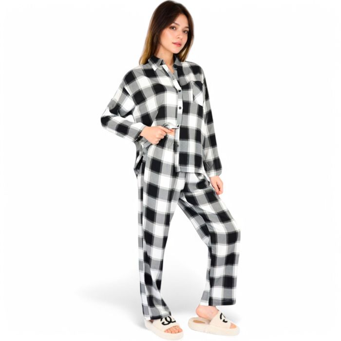 Women's Classic Black and White Plaid Pajama Set with Button-Up Long Sleeve Top and Relaxed Fit Pants