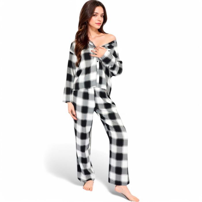 Women's Classic Black and White Plaid Pajama Set with Button-Up Long Sleeve Top and Relaxed Fit Pants