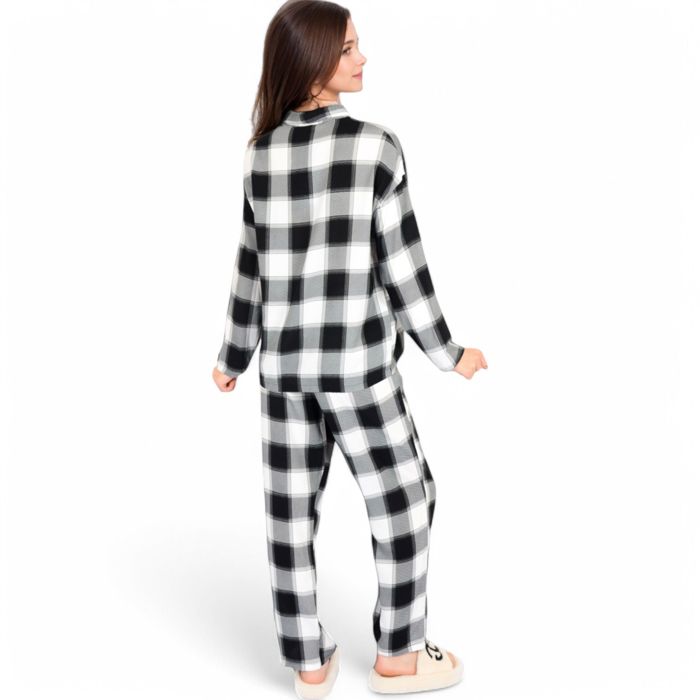 Women's Classic Black and White Plaid Pajama Set with Button-Up Long Sleeve Top and Relaxed Fit Pants