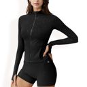 Black Large Women's Full Zip Active Jacket with Seamless Fit and Thumbhole Sleeves for Comfort and Style