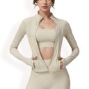 Beige Large Women's Full Zip Active Jacket with Seamless Fit and Thumbhole Sleeves for Comfort and Style