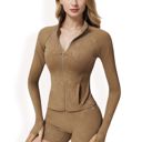 Beige Large Women's Full Zip Active Jacket with Seamless Fit and Thumbhole Sleeves for Comfort and Style