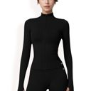 Black Large Women's Long Sleeve Full Zip Sports Jacket with High Collar and Slim Fit Design