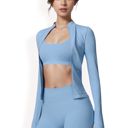 Blue Large Women's Long Sleeve Full Zip Sports Jacket with High Collar and Slim Fit Design