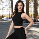 Black Large Women's High Neck Athletic Crop Top with Racerback Design and Stretchy Fabric for Activewear