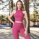 Pink Large Women's High Neck Athletic Crop Top with Racerback Design and Stretchy Fabric for Activewear