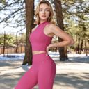 Pink Large Women's High Neck Athletic Crop Top with Racerback Design and Stretchy Fabric for Activewear