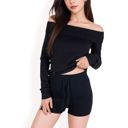 Black Large Women??s Ribbed Off-the-Shoulder Long Sleeve Top and Sweater Knit Shorts Set with Drawstring Waist