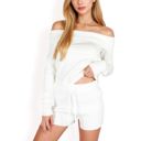 White Large Women??s Ribbed Off-the-Shoulder Long Sleeve Top and Sweater Knit Shorts Set with Drawstring Waist