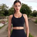 Black Large Women's Ribbed Seamless Sports Bra with Crisscross Back