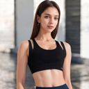 Black Large Women's Double Strap Scoop Neck Sports Bra with Wide Underband