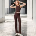 Brown Large Women's High-Waisted Flare Pants with Twist Knot Detail